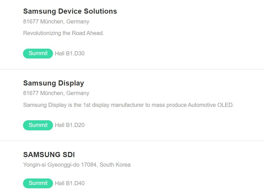 오는 9월 개최되는 독일 IAA 모빌리티 2023에 참가가 확정된 삼성 DS(반도체), 삼성디스플레이, 삼성SDI [IAA 홈페이지]