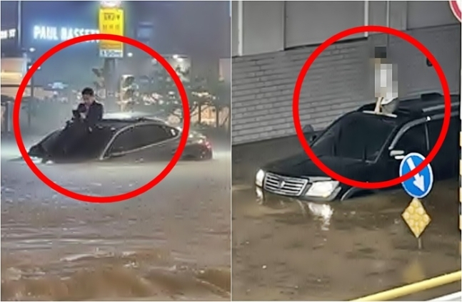 지난해 8월 일명 '서초동 현자'(왼쪽)와 최근 온라인 커뮤니티에서 화제가 된 선루프 남성. [온라인 커뮤니티]