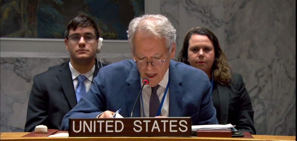 A US envoy to the United Nations speaks during a UN Security Council meeting in New York on Thursday. (UN Security Council)
