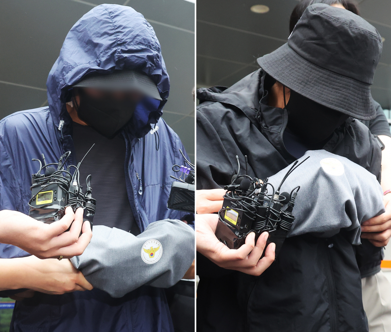 장애를 갖고 태어난 아기를 출산 당일 퇴원시켜 살해한 뒤 시신을 유기한 혐의로 구속된 친부(왼쪽)와 외할머니가 14일 오전 경기도 용인동부경찰서에서 검찰로 송치되고 있다. [연합]