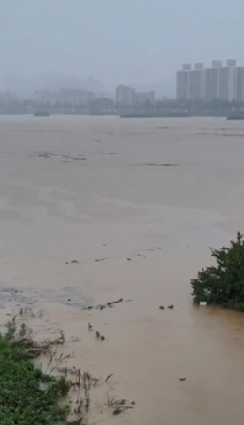 15일 오전 충남 공주시 옥룡동에서 바라본 금강 모습. 공주 금강교 지점에는 홍수경보가 발령돼 있다. [연합]