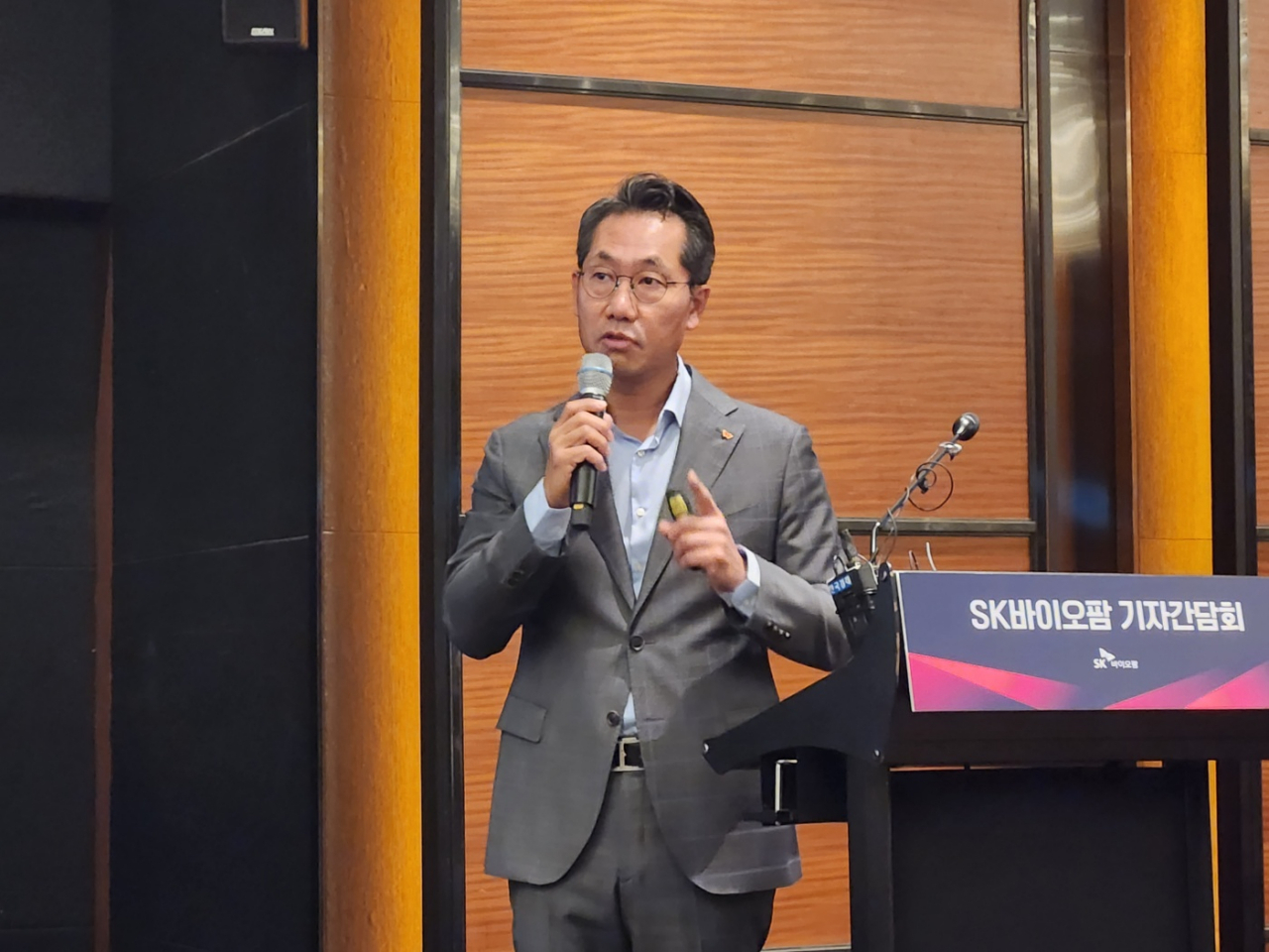 이동훈 SK바이오팜 사장이 18일 서울 여의도 콘래드호텔에서 열린 간담회에서 발언 하고 있다. 고재우 기자
