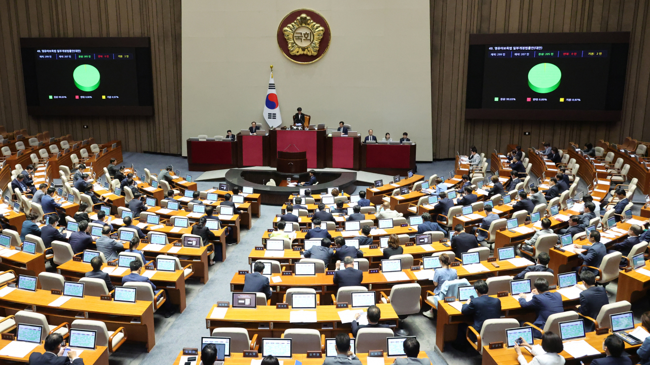 영유아보육법 개정안이 18일 국회 본회의에서 통과되고 있다. [연합]