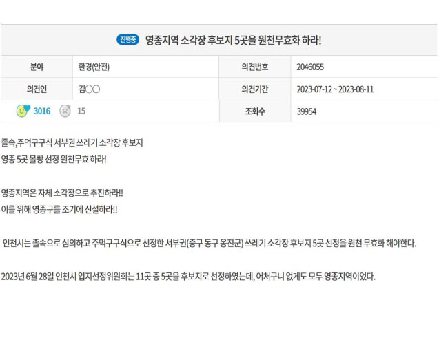 인천시 열린시장실 ‘영종지역 소각장 후보지 5곳 원천 무효화’해 달라는 의견이 6일 만에 3000명이 넘는 ‘공감’을 받았다.