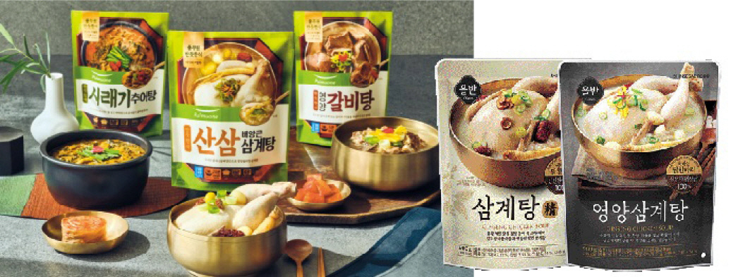 삼계탕 등 풀무원의 가정간편식 제품들(왼쪽)과 신세계푸드의 제품들 [풀무원·신세계푸드 제공]