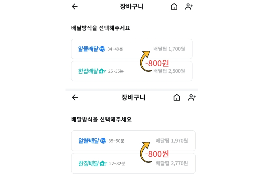 알뜰배달과 한집배달 간 배달팁 차이. [배달의 민족 화면 캡처]