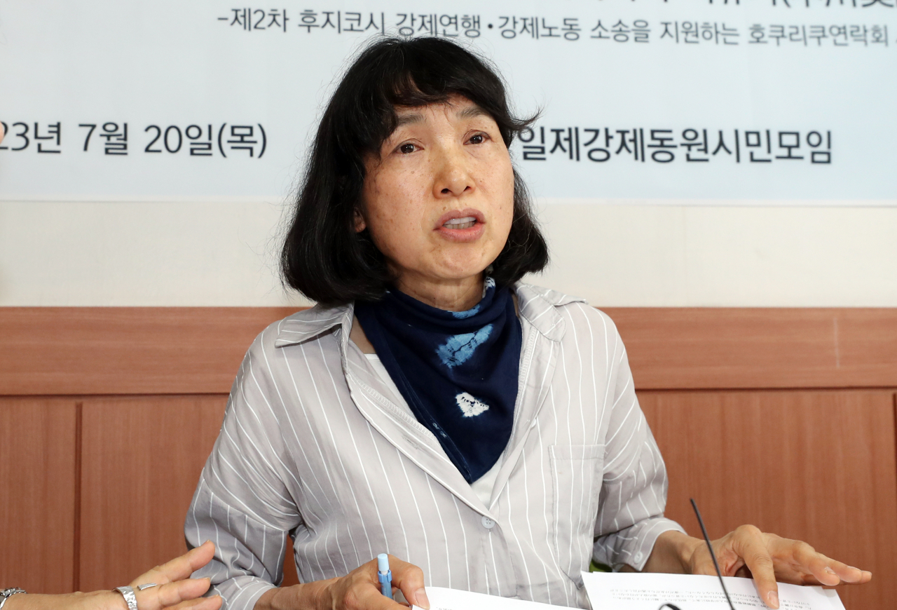 20일 오전 광주 서구 일제강제동원시민모임 사무실에서 열린 언론간담회에서 일본 시민단체 '호쿠리쿠연락회' 나카가와 미유키 사무국장이 발언하고 있다.[연합]