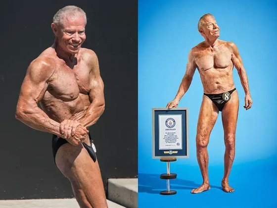 90세의 나이에도 근육질 몸매를 유지하고 있는 세계 최고령 보디빌더 짐 애링턴. [기네스 세계기록 홈페이지 캡처]