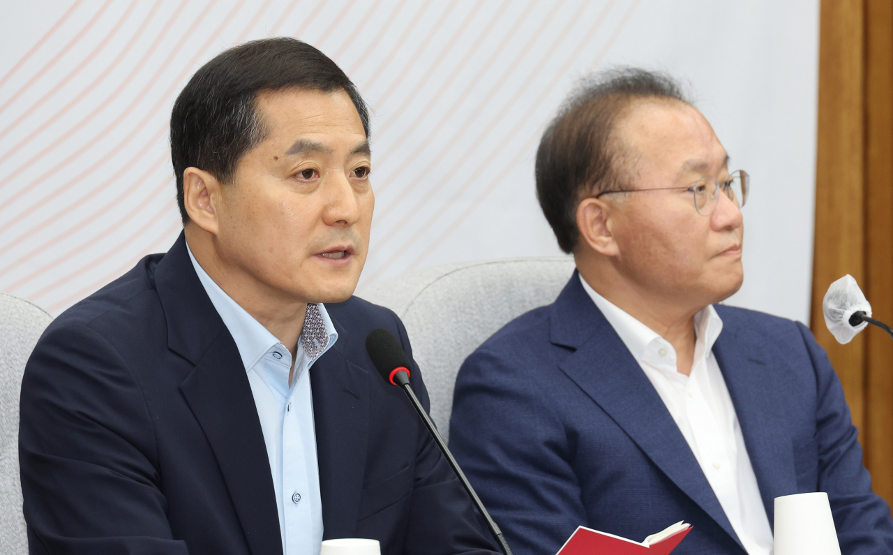 박대출 국민의힘 정책위의장이 19일 오전 서울 여의도 국회에서 열린 원내대책회의에서 발언하고 있다. [연합]