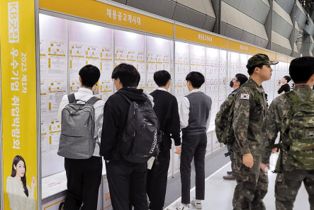 2023년 제1차 KB굿잡 취업박람회에 참여한 구직자들이 채용공고를 살펴보고 있다. [국민은행 제공]