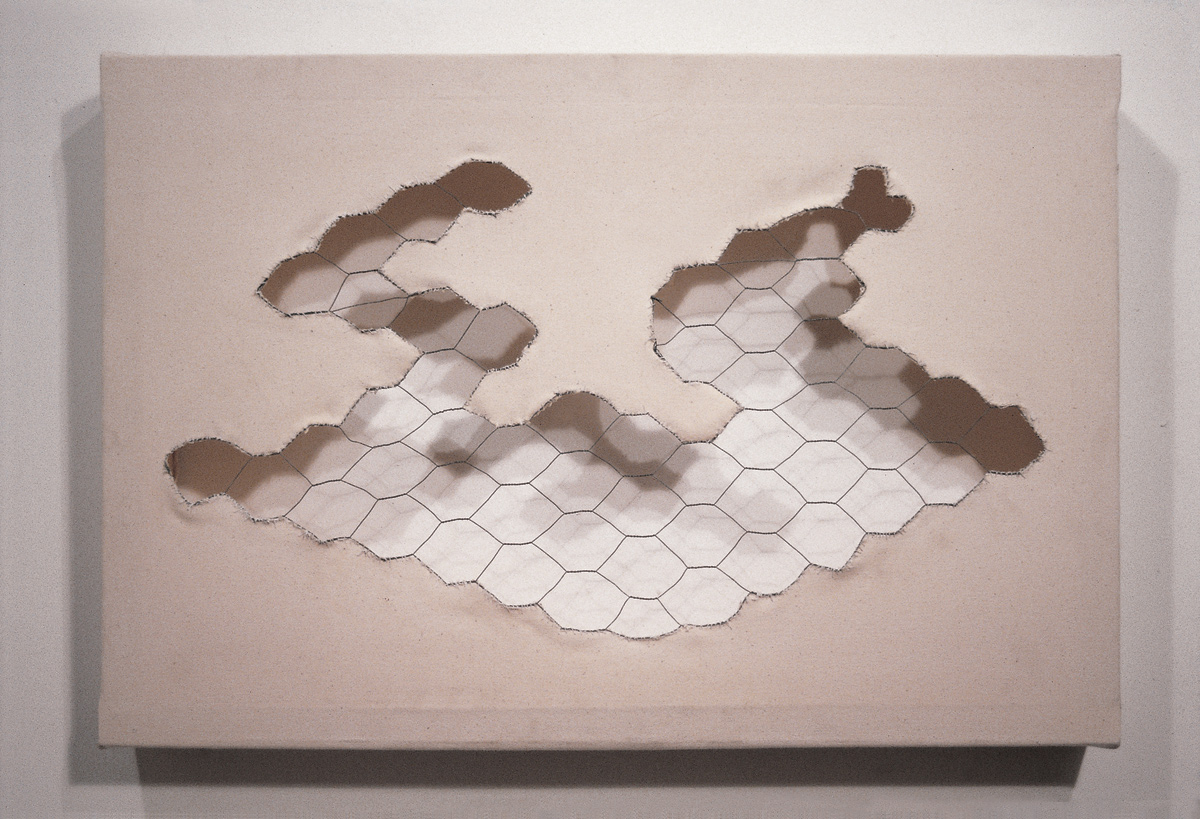 김범, 철망 통닭 #1, 1993, 캔버스에 철조망, 실, 58.5 &times; 87.5cm. 개인 소장. ⓒ김범