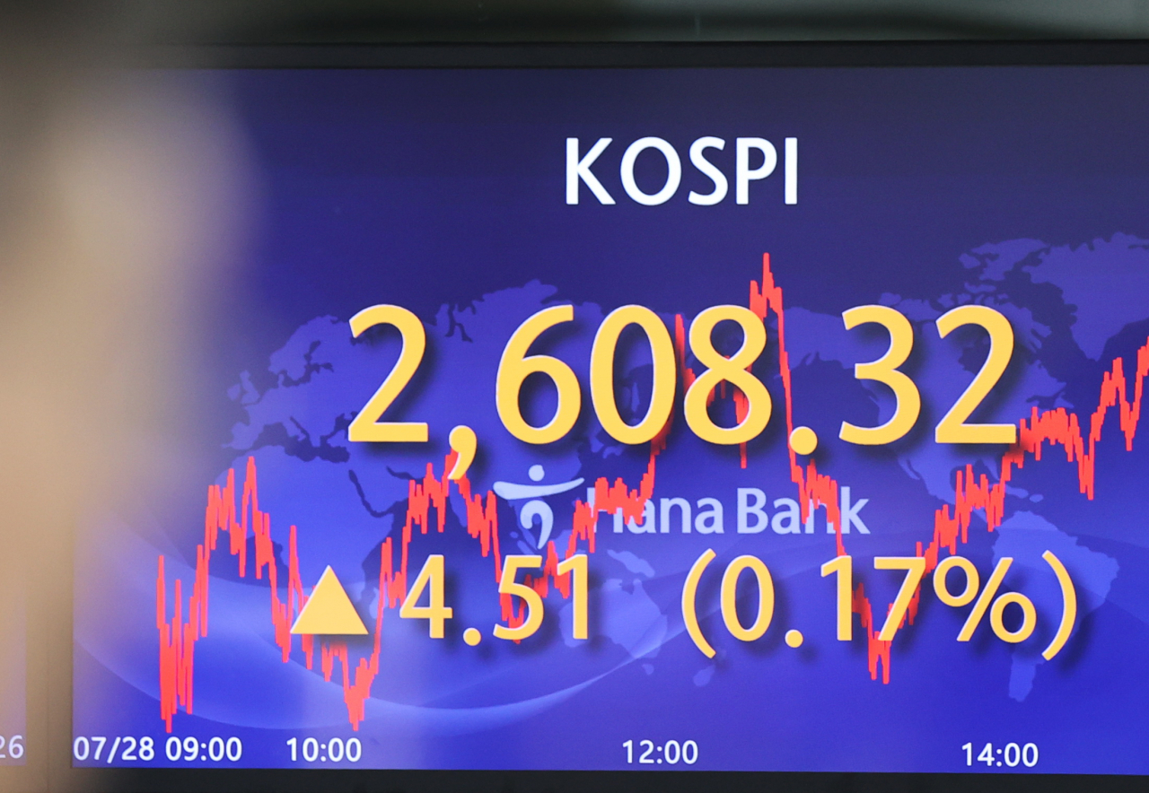 An electronic board showing the Korea Composite Stock Price Index at a dealing room of the Hana Bank headquarters in Seoul on Friday. (Yonhap)