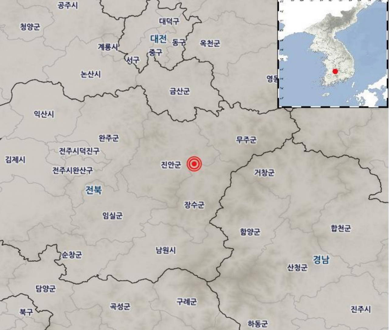 기상청은 전북 장수군 북쪽 18km 지역에서 규모 3.5의 지진이 발생했다고 밝혔다.[사진=기상청]
