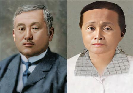 국가보훈부는 1일 독립운동가 최재형 선생의 순국장소로 추정되는 러시아 우수리스크의 륵과 부인 최 엘레나 여사의 유해를 봉환해 오는 14일 국립서울현충원에서 부부 합장식을 거행한다고 밝혔다. 최재형 선생과 최 엘레나 여사의 옛날 사진을 AI로 복원한 모습. [국가보훈부 제공]