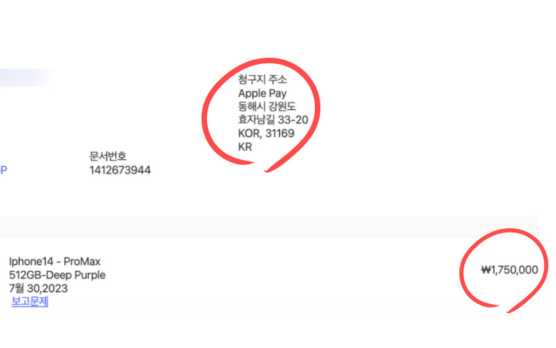 애플을 사칭해 이용자들에게 보낸 메일에는 청구지 주소가 '강원도 동해시'로 기재돼 있다. [온라인 커뮤니티]