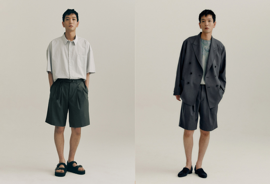 젊은 남성을 중심으로 일명 ‘반바지 출근룩’이 확산되고 있다. 모델이 어나더 오피스의 ‘헤밍웨이 벨티드 쇼츠’를 입고 있다. [무신사 제공]