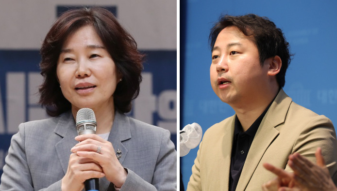 김은경(왼쪽) 더불어민주당 혁신위원장과 장예찬 국민의힘 청년최고위원. [연합뉴스]