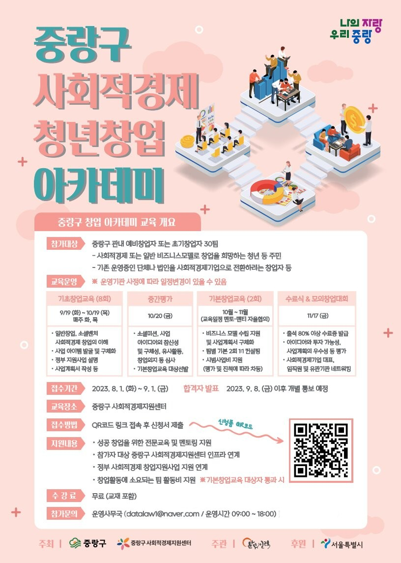 서울 중랑구는 사회적경제 분야 창업 활성화를 위해 사회적경제‧청년 창업 아카데미 수강생을 모집한다고 3일 밝혔다. [중랑구 제공]
