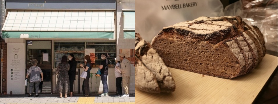 ‘식빵 맛집’으로 알려진 ‘밀도’ 매장 앞에서 긴 줄이 늘어서 있다(왼쪽)., ‘오월의 종’의 식사빵 [인스타그램 캡처]