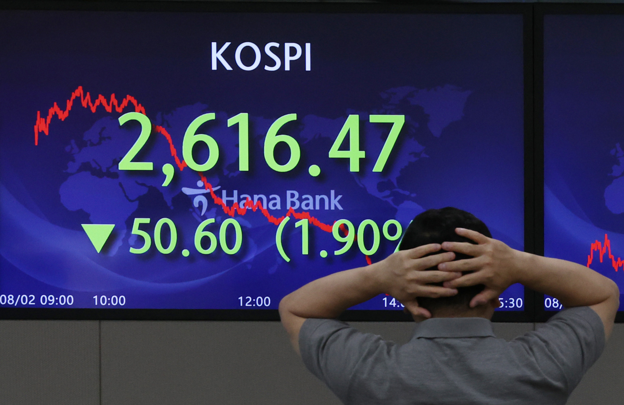 An electronic board showing the Korea Composite Stock Price Index at a dealing room of the Hana Bank headquarters in Seoul on Thursday. (Yonhap)