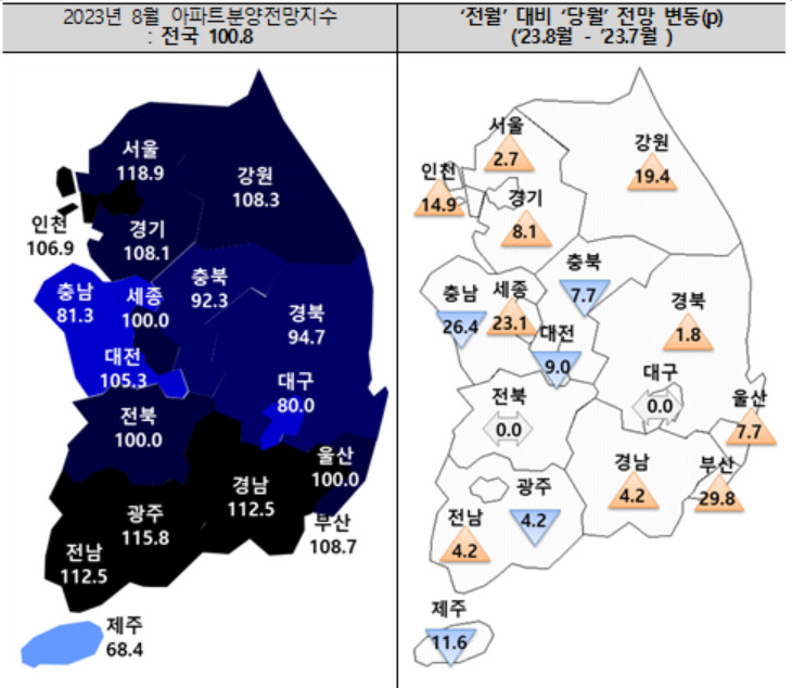 8월 지역별 아파트 분양 전망지수. [주택산업연구원 제공]