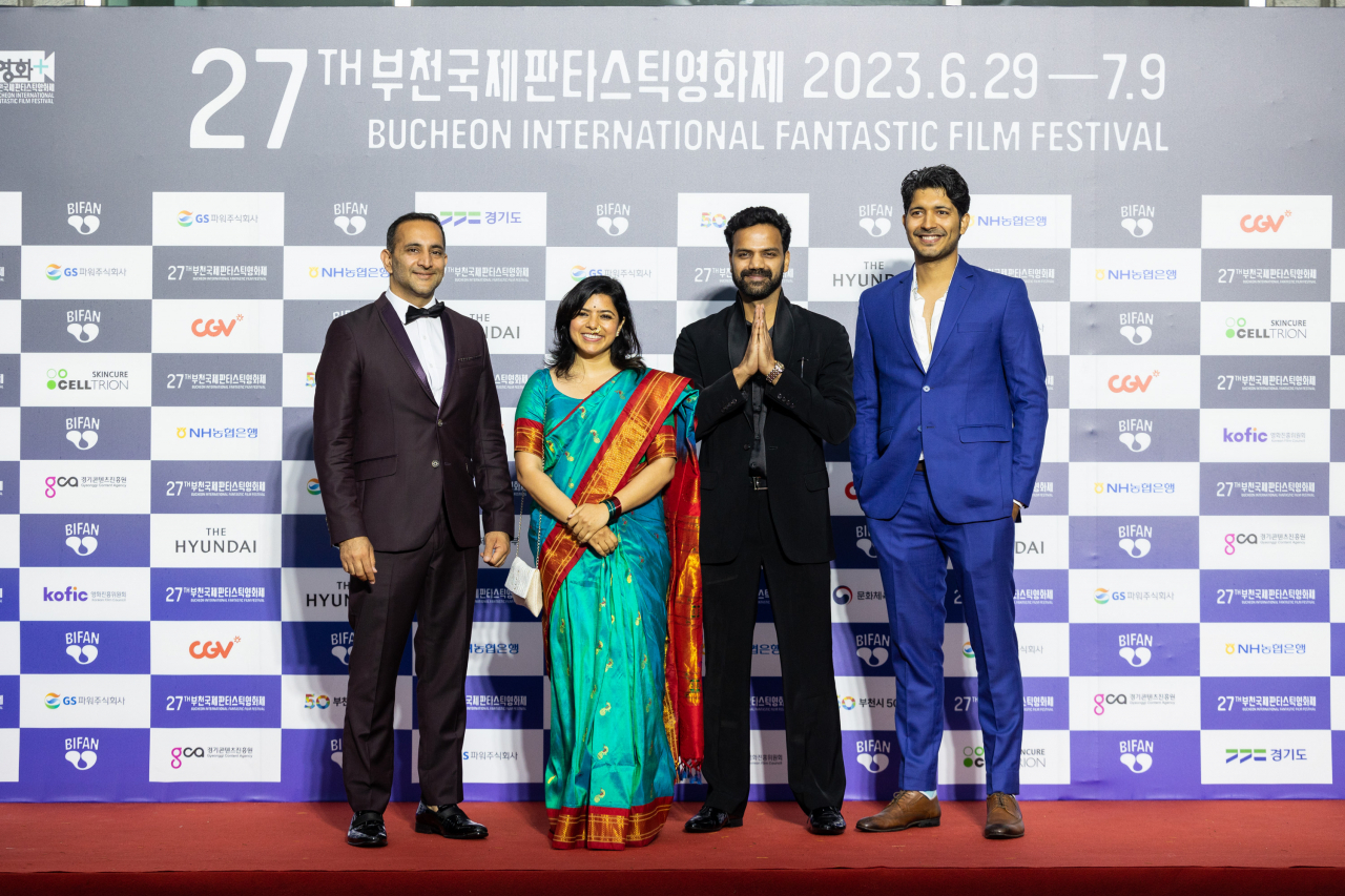 From left: Director Sudeep Kanwal and actors Rajshri Deshpande, Saurabh Goyal and Nishank Verma of “Privacy” pose on the red carpet at the opening ceremony of the Bucheon International Fantastic Film Festival, in Bucheon, Gyeonggi Province, June 29. (BIFAN)