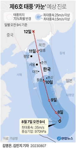 제6호 태풍 카눈이 9일 일본 서남부 규슈에 상당히 접근한 뒤 이후 한반도를 향해 북상해 10일 한국 남해안에 상륙할 것으로 예상된다. 카눈이 한반도를 관통할 경우 2023 새만금 세계스카우트잼버리 야영장 침수 등 피해가 재현될 것이라는 우려가 나온다