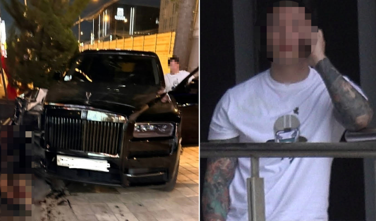 지난 2일 강남구 압구정역에서 롤스로이스 운전자가 인도로 돌진헤 20대 여성을 들이받은 후 차에서 내리는 모습(왼쪽)과 다음날 운전자가 서울 강남경찰서에서 조사받는 도중 밖에 나와 전화 통화를 하는 모습. 사진 일부는 임의로 모자이크 처리. [유튜브 채널 ‘카라큘라 탐정사무소’ 캡처]