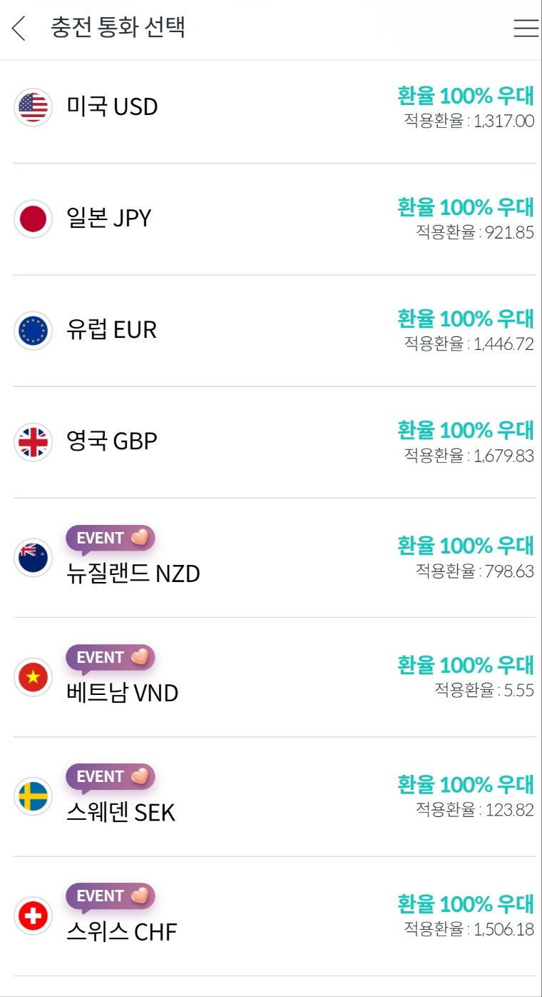 트래블로그는 18개 통화에 대해 무료 환전을 진행 중이다.[하나머니 앱 갈무리]