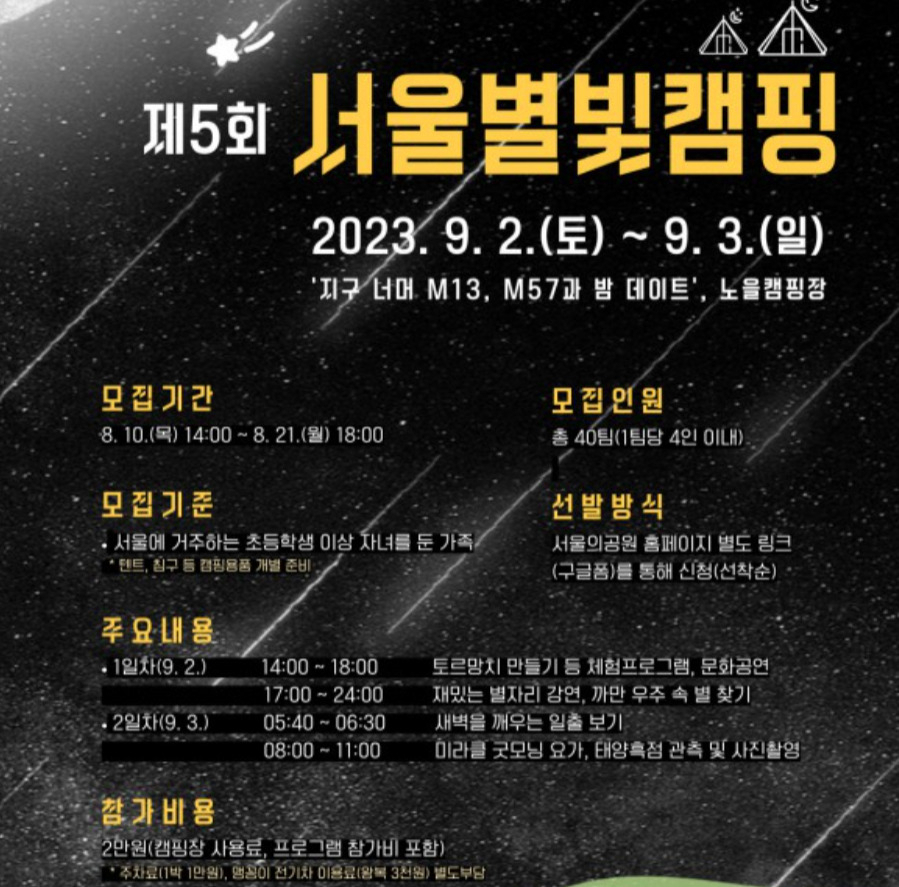 다음달 2~3일 월드컵공원 노을공원에서 진행되는 서울시 별빛캠핑 홍보 포스터. [서울시 제공]