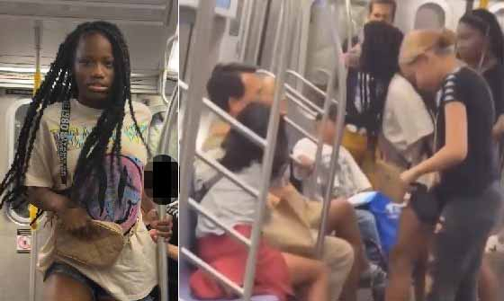뉴욕 지하철에서 아시아계 가족을 위협하는 10대 소녀들. 왼쪽은 뉴욕 경찰이 수배한 용의자. [NYPD 트위터·온라인 커뮤니티 캡처]