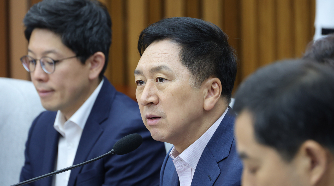 김기현 국민의힘 대표가 지난 8일 오전 서울 여의도 국회에서 열린 확대당직자회의에서 발언하고 있다. [연합]