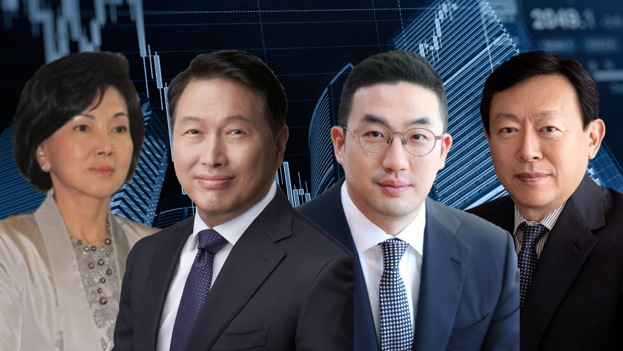왼쪽부터 홍라희 전 리움미술관장, 최태원 SK그룹 회장, 구광모 LG그룹 회장, 신동빈 롯데그룹 회장 [게티이미지뱅크·연합]