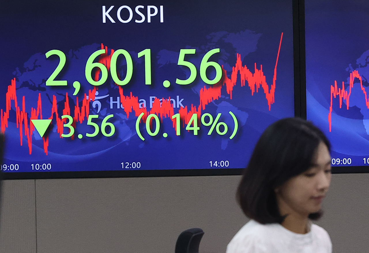 An electronic board showing the Korea Composite Stock Price Index at a dealing room of the Hana Bank headquarters in Seoul on Thursday. (Yonhap)