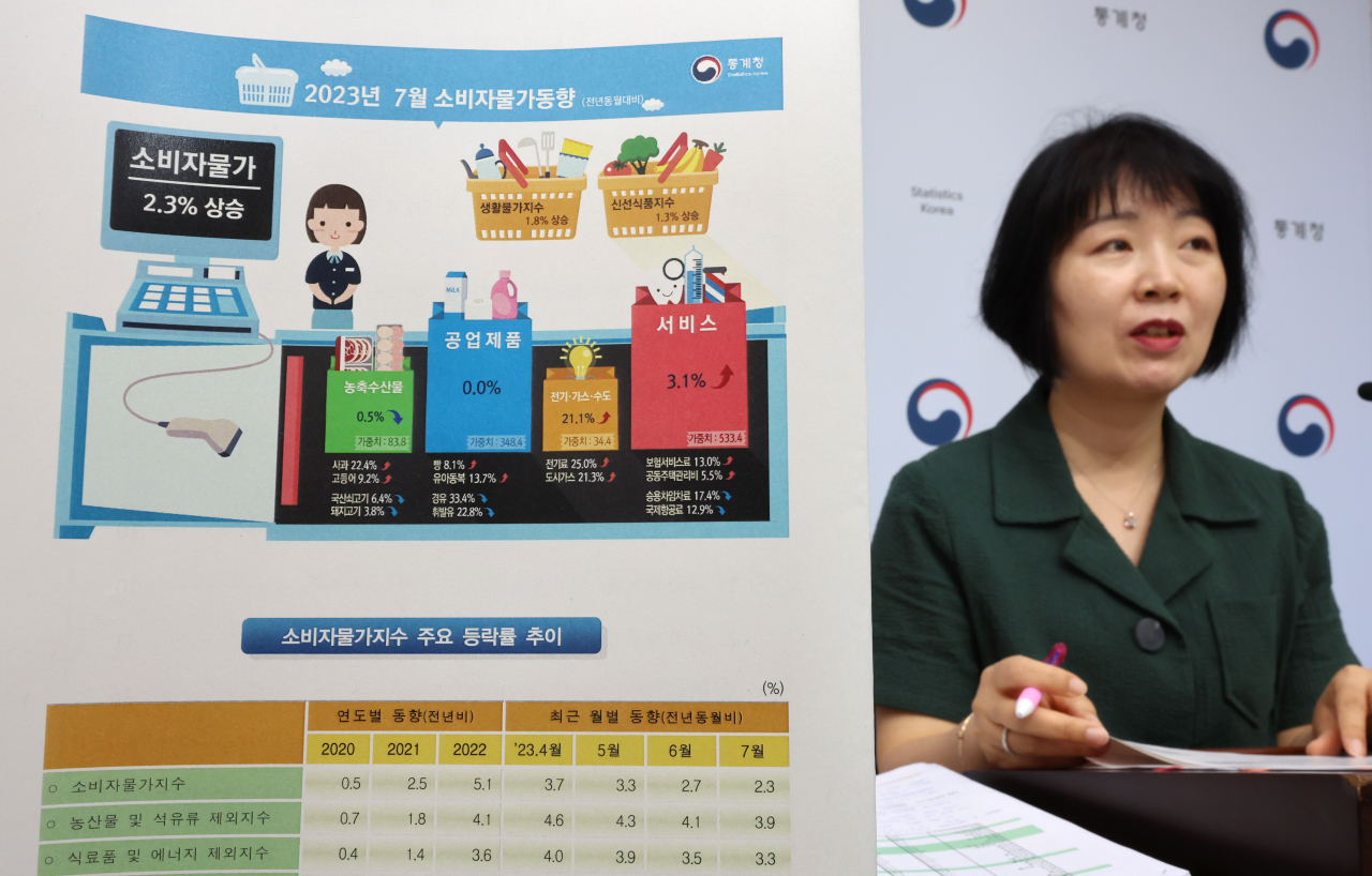 김보경 통계청 경제동향통계심의관이 지난 2일 오전 세종시 정부세종청사에서 7월 소비자물가동향을 발표하고 있다. [연합]
