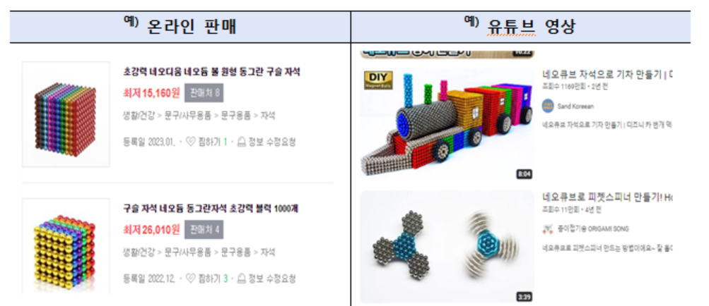 온라인 판매 중인 네오디뮴 자석(왼쪽)과 관련 유튜브 영상 [한국소비자원 제공]