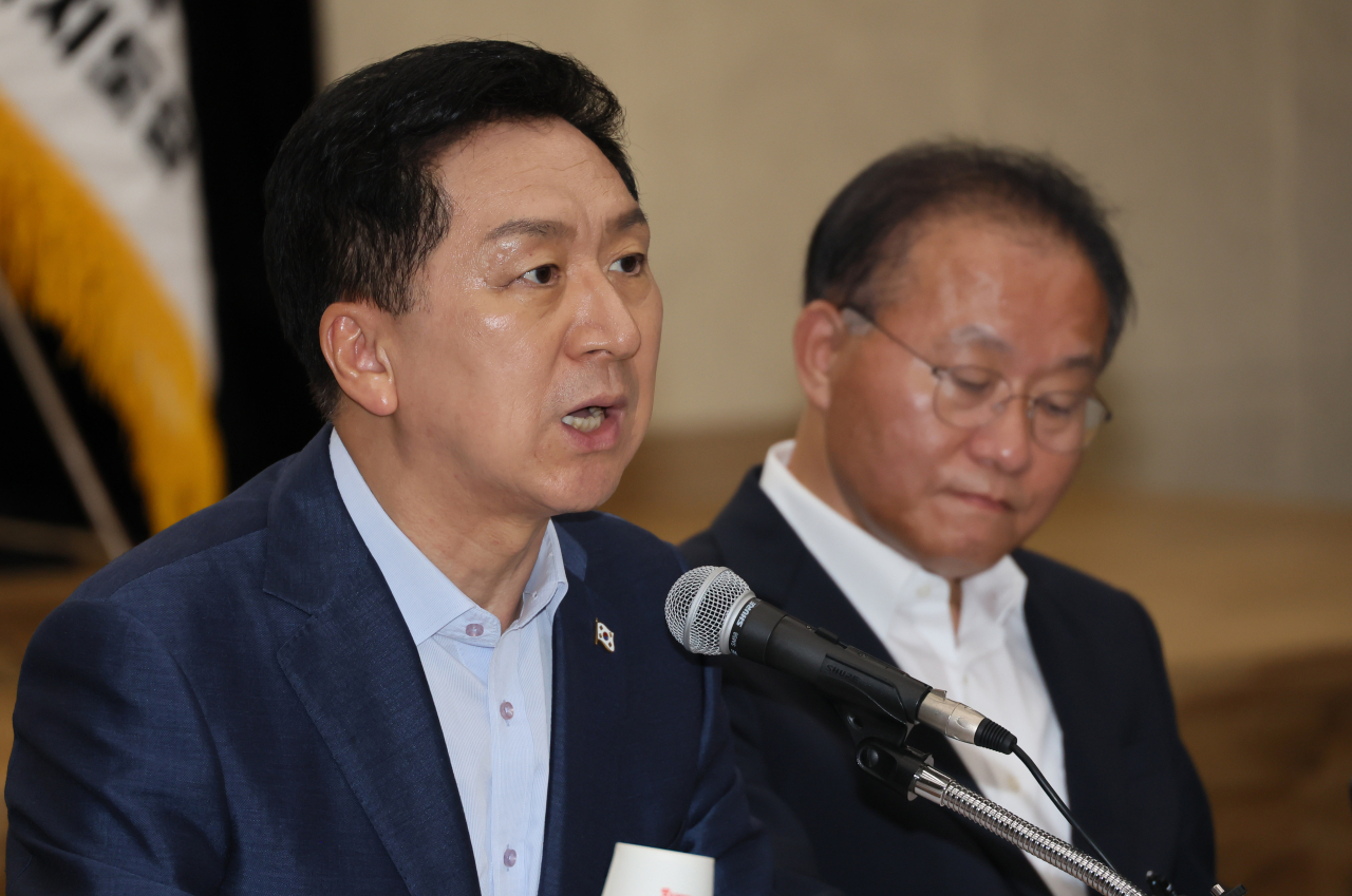 김기현 국민의힘 대표가 14일 강원 원주시 국민건강보험공단에서 열린 강원 현장최고위원회의에서 발언하고 있다. [연합]