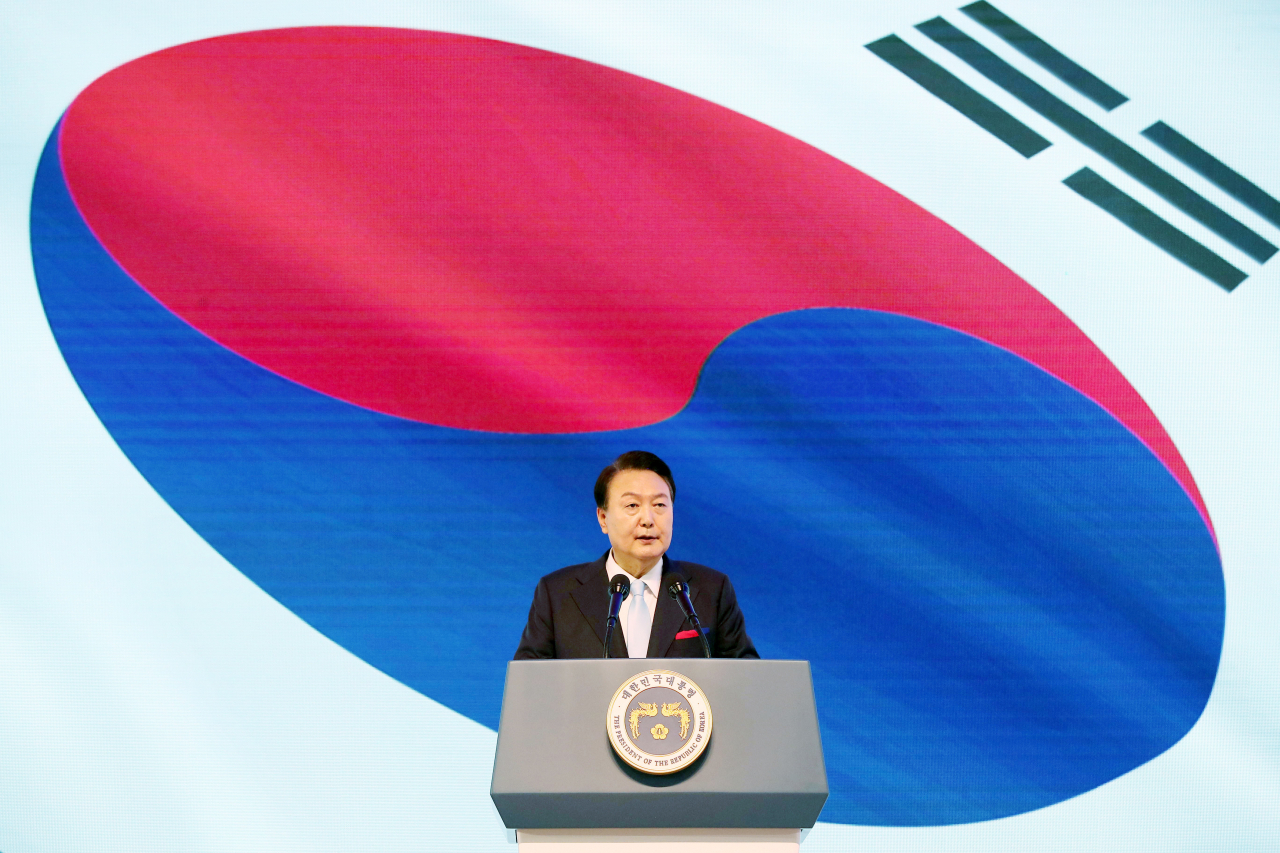 윤석열 대통령이 15일 서울 서대문구 이화여대 대강당에서 열린 제78주년 광복절 경축식에서 경축사를 하고 있다. [연합]
