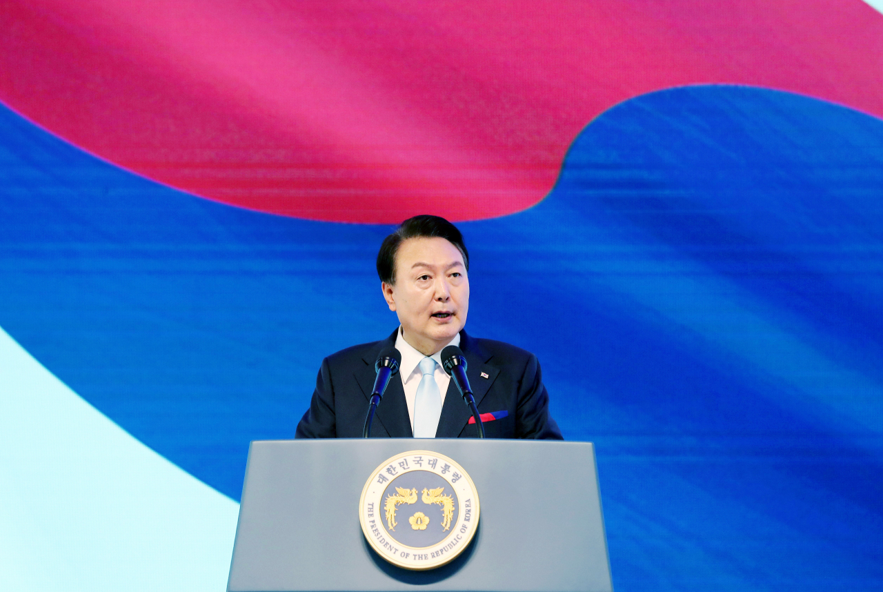 윤석열 대통령이 15일 서울 서대문구 이화여대 대강당에서 열린 제78주년 광복절 경축식에서 경축사를 하고 있다. [연합]