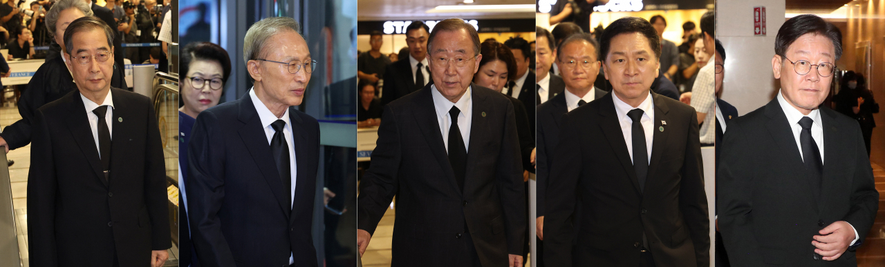 지난 15일 오후 한덕수 국무총리(왼쪽부터), 이명박 전 대통령, 반기문 전 유엔 사무총장, 국민의힘 김기현 대표, 더불어민주당 이재명 대표가 서울 서대문구 신촌세브란스병원 장례식장에 마련된 윤석열 대통령의 부친 윤기중 연세대 명예교수의 빈소로 각각 향하고 있다. [사진공동취재단]