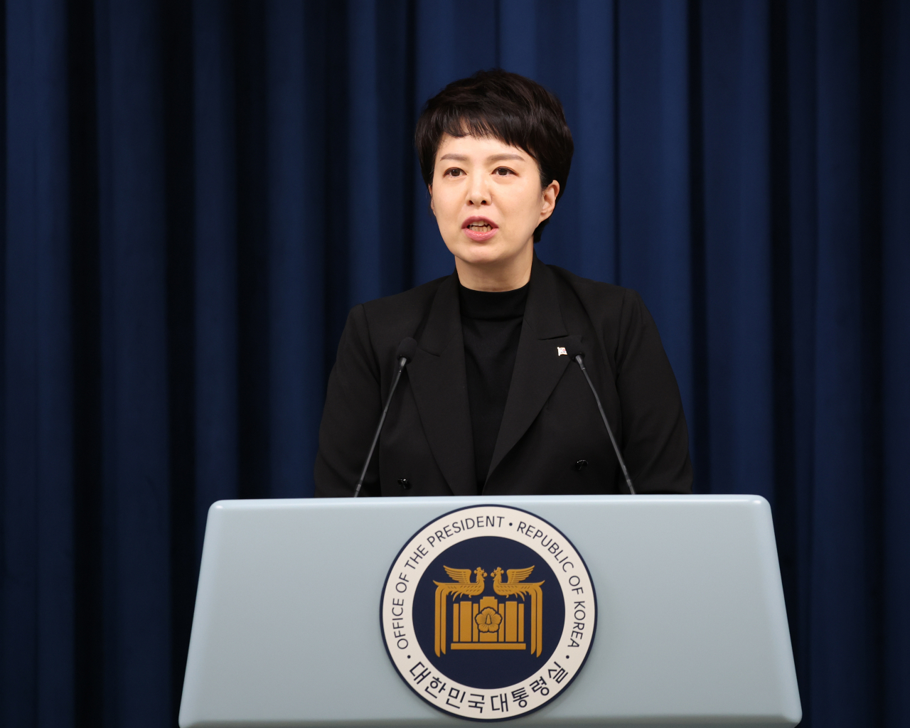 김은혜 대통령실 홍보수석이 17일 서울 용산 대통령실 청사에서 캠프 데이비드에서 열릴 한미일 정상회의와 관련해 브리핑하고 있다. [연합]
