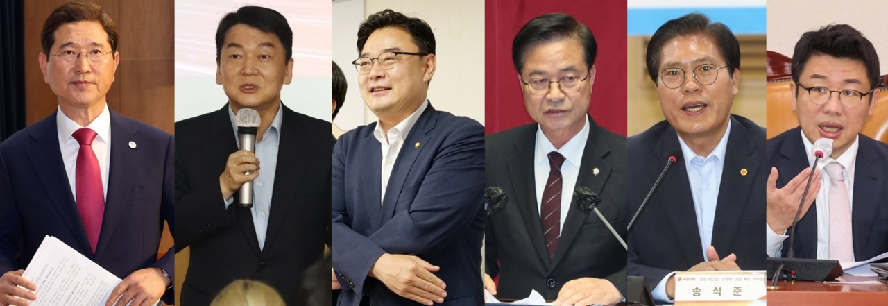 경기도에 지역구를 둔 국민의힘 소속 의원들. 왼쪽부터 김학용(4선), 안철수(3선), 김성원(재선), 최춘식(초선), 송석준(재선), 유의동(3선) 의원.