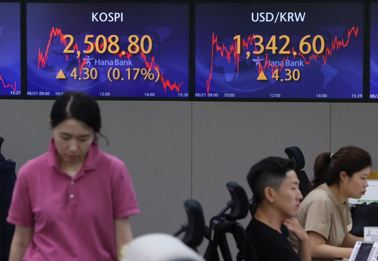 An electronic board showing the Korea Composite Stock Price Index at a dealing room of the Hana Bank headquarters in Seoul on Monday (Yonhap)