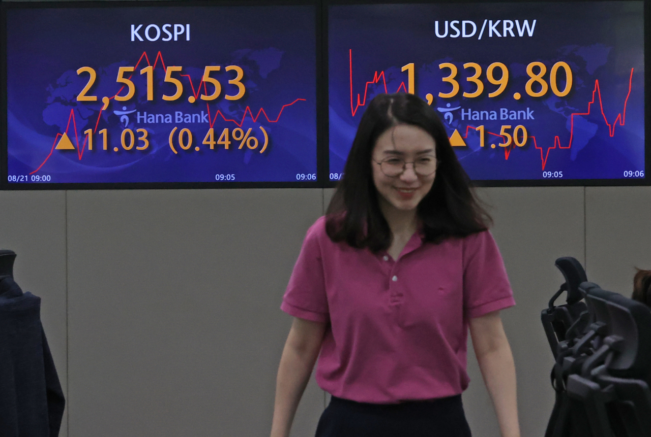An electronic board showing the Korea Composite Stock Price Index at a dealing room of the Hana Bank headquarters in Seoul on Tuesday. (Yonhap)