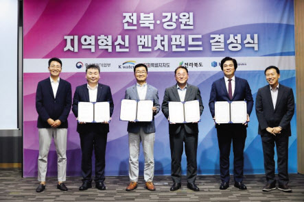 21일 대전 대덕구 한국수자원공사 본사에서 진행된 ‘전북·강원 지역혁신 벤처펀드 결성식’에 참석한 한상엽(왼쪽 ) 소풍벤처스 대표와 관계자들 [한국벤처투자 제공]