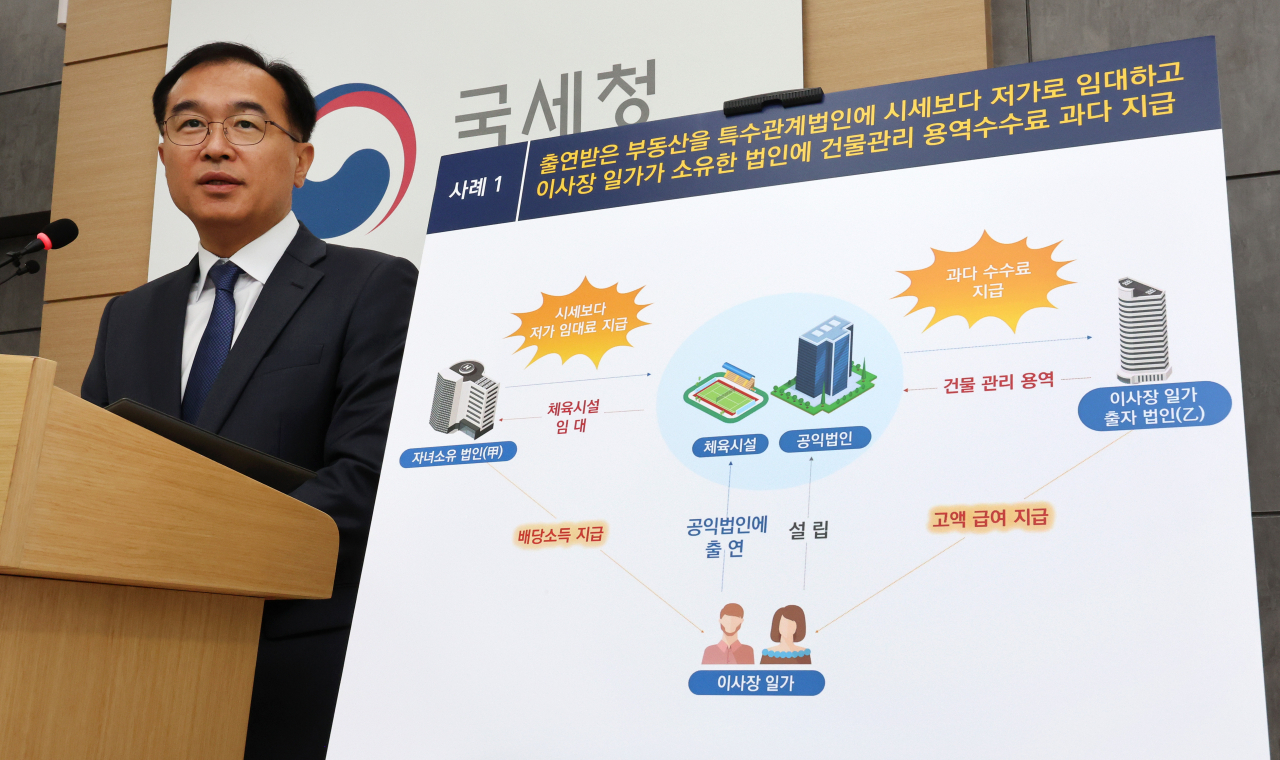 최재봉 국세청 법인납세국장이 23일 정부세종2청사에서 기부문화 활성화를 저해하는 불성실 혐의 공익법인 엄정 대응과 관련해 브리핑하고 있다.[연합]
