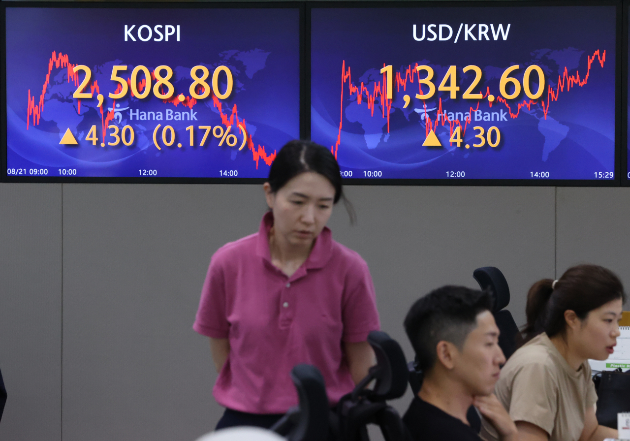 서울 중구 하나은행 본점 딜링룸 현황판 [연합]