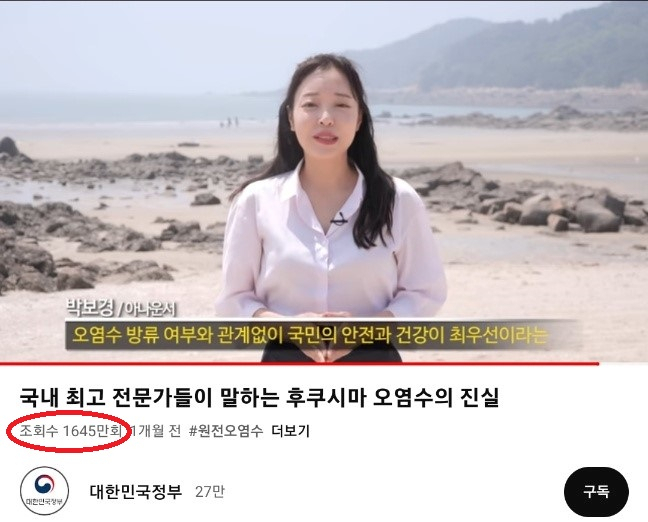 1600만이 넘는 조회수를 기록한 '국내 최고 전문가들이 말하는 후쿠시마 오염수의 진실' 영상. [대한민국 정부 유튜브]