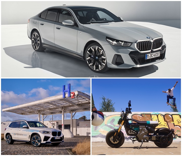 BMW 뉴 5시리즈(위쪽부터 시계방향), BMW CE 02, BMW iX5 하이드로젠. [BMW 그룹 제공]