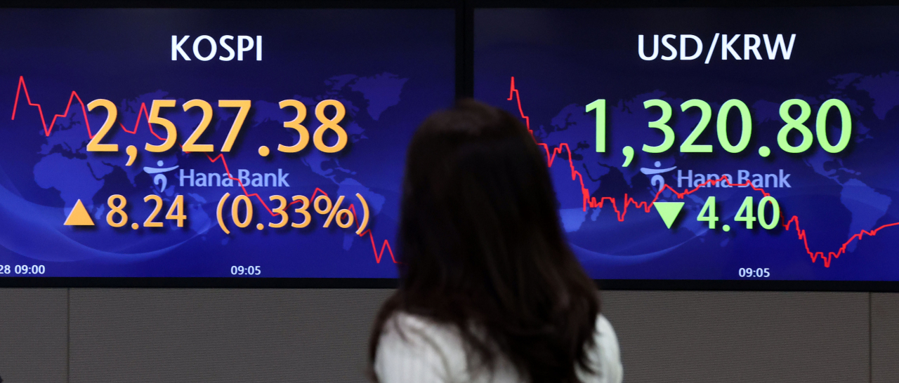 An electronic board showing the Korea Composite Stock Price Index at a dealing room of the Hana Bank headquarters in Seoul on Monday (Yonhap)